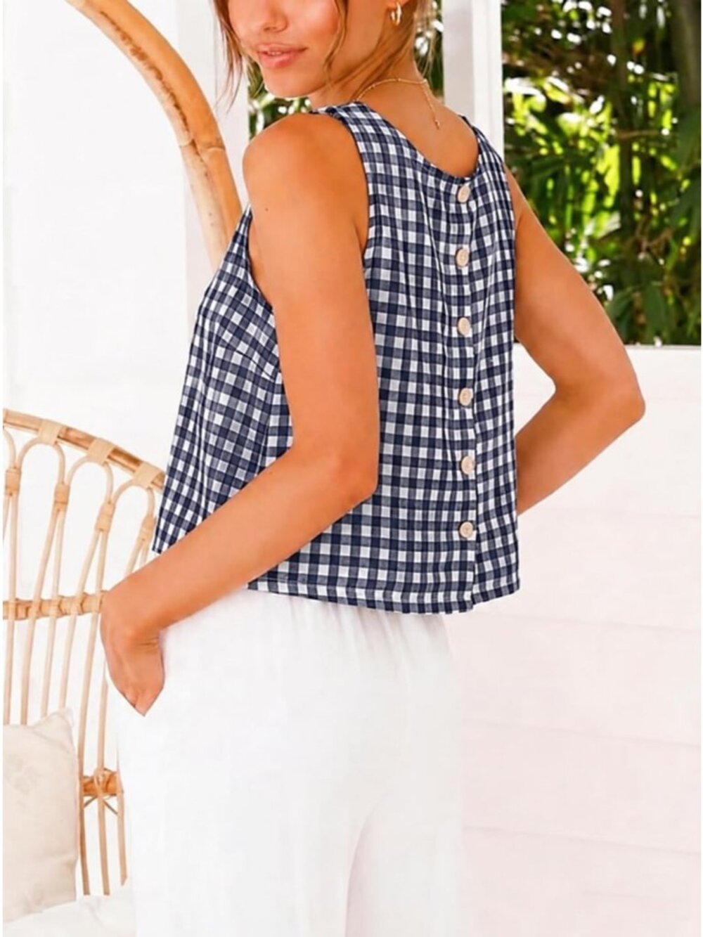 Women's Navy 100% Cotton Crew Neck Spring Summer Sleeveless Gingham Tank Tops